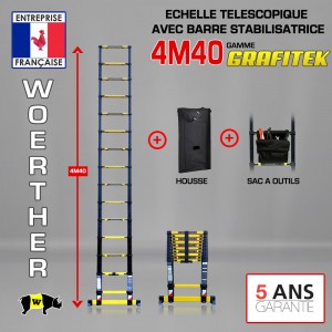 ÉCHELLE TÉLESCOPIQUE 4M40 GRAFITEK AVEC BARRE STABILISATRICE + HOUSSE ET SAC A OUTILS