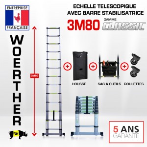ECHELLE TELESCOPIQUE 3,80M + HOUSSE, SAC A OUTILS ET ROULETTES