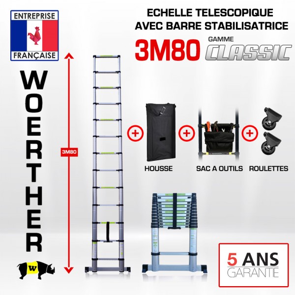 Woerther N°1 de l'escabeau télescopique et pliant - ECHELLE TELESCOPIQUE  3,80M + HOUSSE, SAC A OUTILS ET ROULETTES