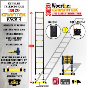 ÉCHELLE-TELESCOPIQUE-3,2M GRAFITEK + HOUSSE ET SAC A OUTILS