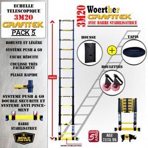 ÉCHELLE-TELESCOPIQUE-3,2M GRAFITEK + HOUSSE, TAPIS ET ROULETTES