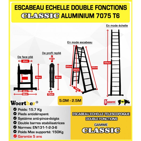 escabeau télescopique double barres stabilisatrices 5M/2M50 woerther, avec  sa plateforme et housse , en graphite