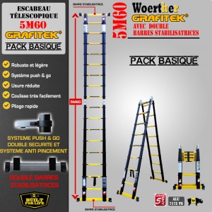 PROMO LEBONCOIN - ECHELLE ESCABEAU TELESCOPIQUE WOERTHER DOUBLE BARRES STABILISATRICES, DOUBLE FONCTIONS GRAFITEK 5M60/2M80