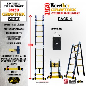 ECHELLE ESCABEAU WOERTHER DOUBLE FONCTIONS, GAMME GRAFITEK 3M20/1.6M - AVEC HOUSSE