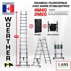 ECHELLE ESCABEAU WOERTHER DOUBLE FONCTIONS, GAMME CLASSIC 4M40/2M20 - AVEC HOUSSE ET SAC A OUTILS