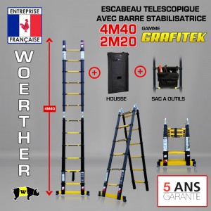 ECHELLE ESCABEAU WOERTHER DOUBLE FONCTIONS, GAMME GRAFITEK 4.40M/2.20M - AVEC HOUSSE ET SAC A OUTILS