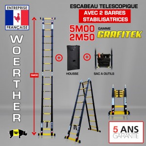ECHELLE ESCABEAU WOERTHER DOUBLE FONCTIONS DOUBLE BARRES STABILISATRICES, GAMME GRAFITEK 5M/2.5M - AVEC HOUSSE ET SAC A OUTILS