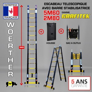 ECHELLE ESCABEAU WOERTHER DOUBLE FONCTIONS, GAMME GRAFITEK 5.60M/2.8M - AVEC HOUSSE ET SAC A OUTILS