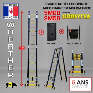 ECHELLE ESCABEAU WOERTHER DOUBLE FONCTIONS, GAMME GRAFITEK 5M/2.5M - AVEC HOUSSE ET SAC A OUTILS