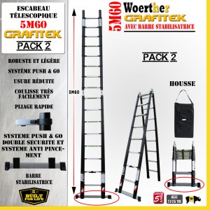 ECHELLE ESCABEAU WOERTHER TRIPLE FONCTIONS, GAMME GRAFITEK 5.60M/2.8M - PACK 2 (AVEC HOUSSE)