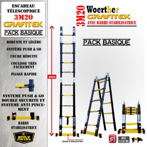 ECHELLE ESCABEAU WOERTHER DOUBLE FONCTIONS, GAMME GRAFITEK 3M20/1.6M - PACK BASIQUE