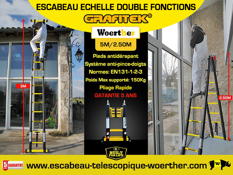 escabeau télescopique avec double barres stabilisatrices 5M/2M50